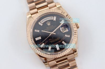 TWS Factory Swiss Replica Rolex Day Date Watch Black Face Rose Gold Band Fluted Bezel  40mm